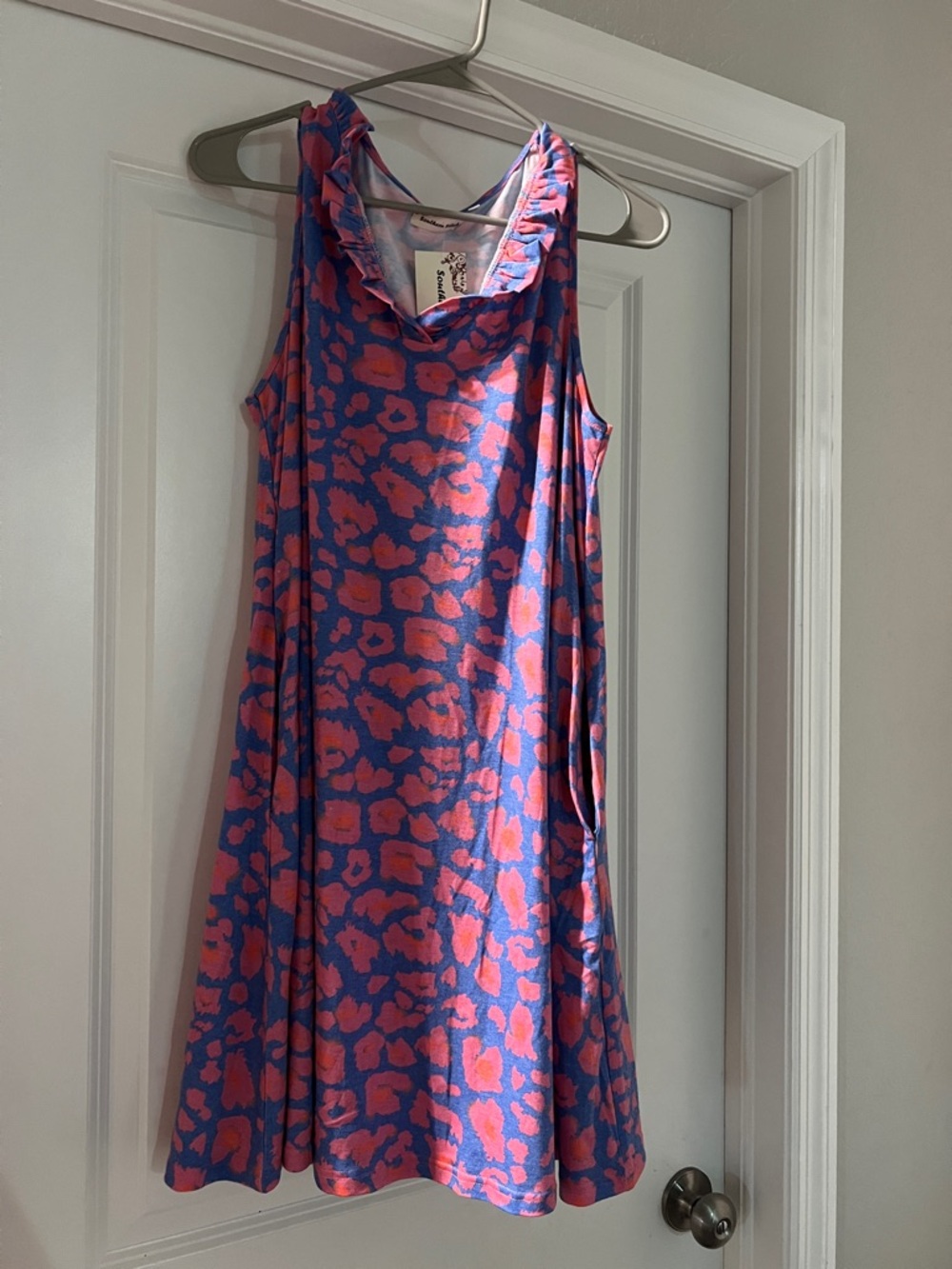 Sleeveless Pink & Blue Animal Print Swing Dress with Pockets